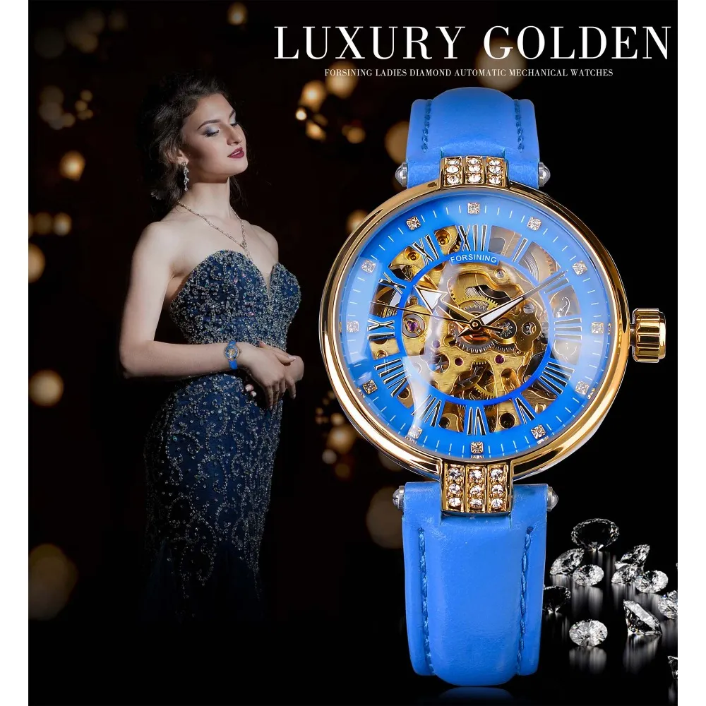 Forsining Lady Mechanisch Automatisch Polshorloge Topmerk Luxe Mode Gouden Kast Skeletklok Dames Blauw Echt Leather268E