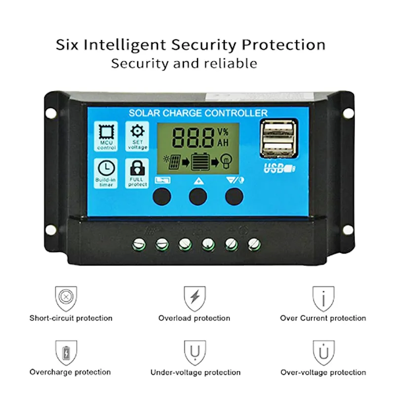 10A 20A 30A SOLAR LARARE CONTROLLER Solpanel Batteri Intelligent regulator med LCD -dubbla USB -portdisplay 12V 24V2676