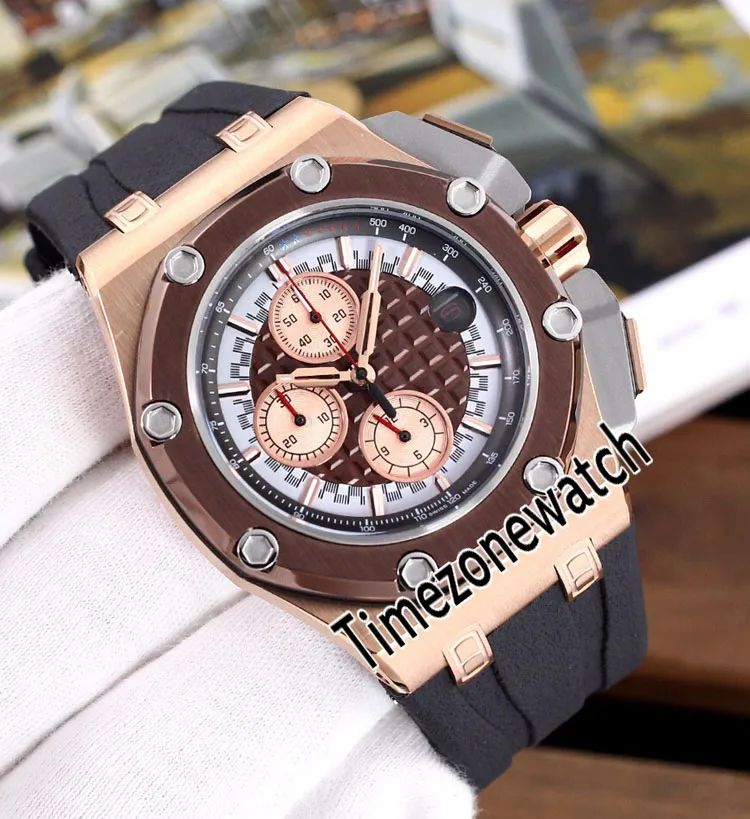 Ny Royal 26568pm Two Tone Pvd Rose Gold Black Inner Grey Texture Dial Vk Quartz Chronograph Mens Watch Grey Rubber TimeZoneWatch 3088