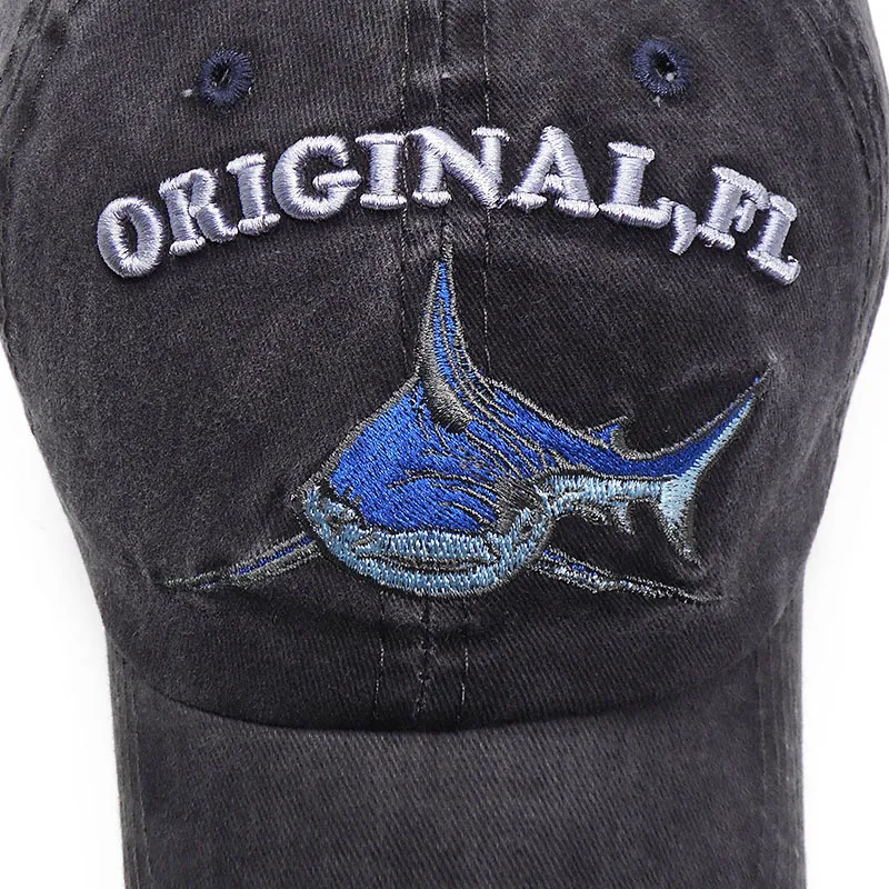 2019 Vintage Gewaschene Denim Cap Snapback Gestickte Shark Baseball Caps Männer Outdoor Angeln Kappe Baumwolle Casual Weibliche Papa Hat255M
