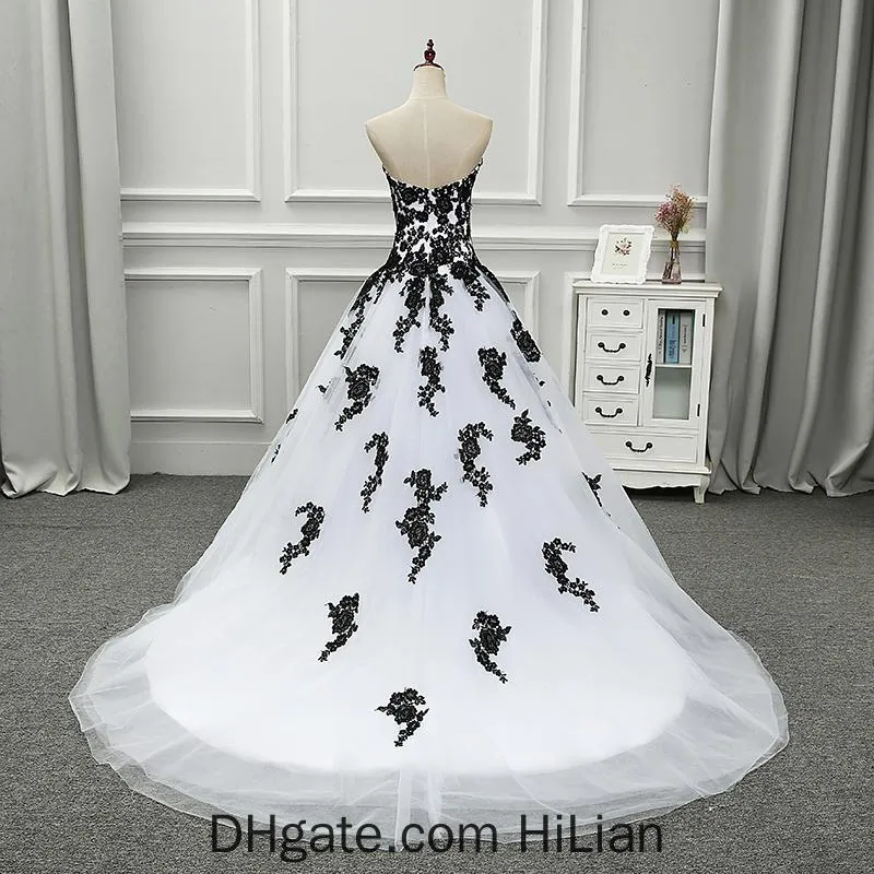 White Black Elegant White and Black Wedding Dresses Appliqued Sweetheart Bridal Gowns Tulle Custom Made Wedding Formal Occasion