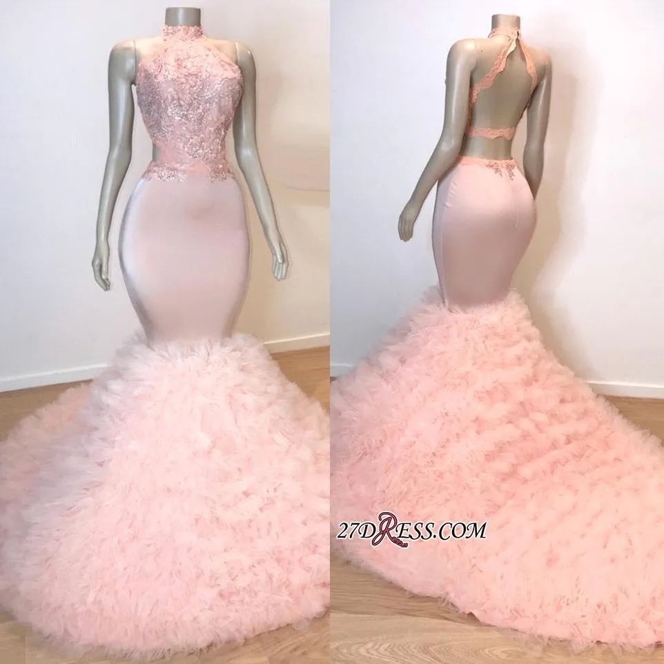2019 Echte foto's Pink Halter Tule Mermaid Long Prom Dresses Lace Applique Ruffles Layed Sweep Train Evening Jurkens Vestidos de Festa 259Z