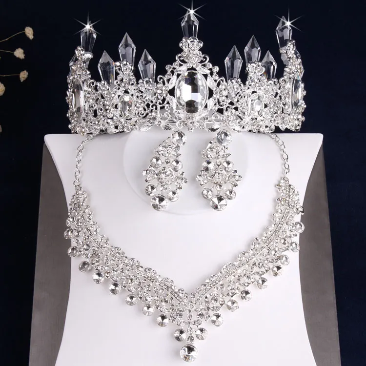 Affascinanti gioielli in argento 3 pezzi abiti collana orecchini diademi corone set di gioielli da sposa accessori da sposa gioielli da sposa T3033588