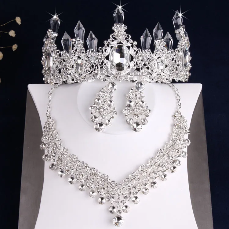 Encantador jóias de prata 3 peças ternos colar brincos tiaras coroas conjuntos de jóias de noiva acessórios de noiva jóias de casamento t3033588