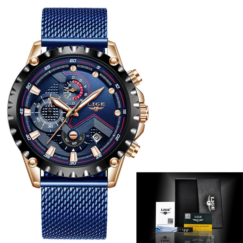 Lige novos relógios masculinos moda topo marca de luxo aço inoxidável azul relógio quartzo masculino casual esporte à prova dwaterproof água relogio ly186c