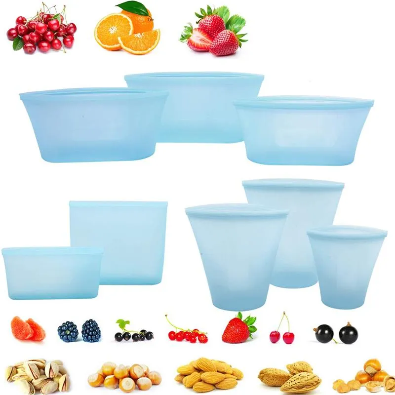 Conteneurs de stockage des aliments en silicone, ensemble de bols frais, sac de tasse, réutilisable, fermeture éclair, sac de fermeture, tasse de fruits et légumes avec joint organisateur 269o