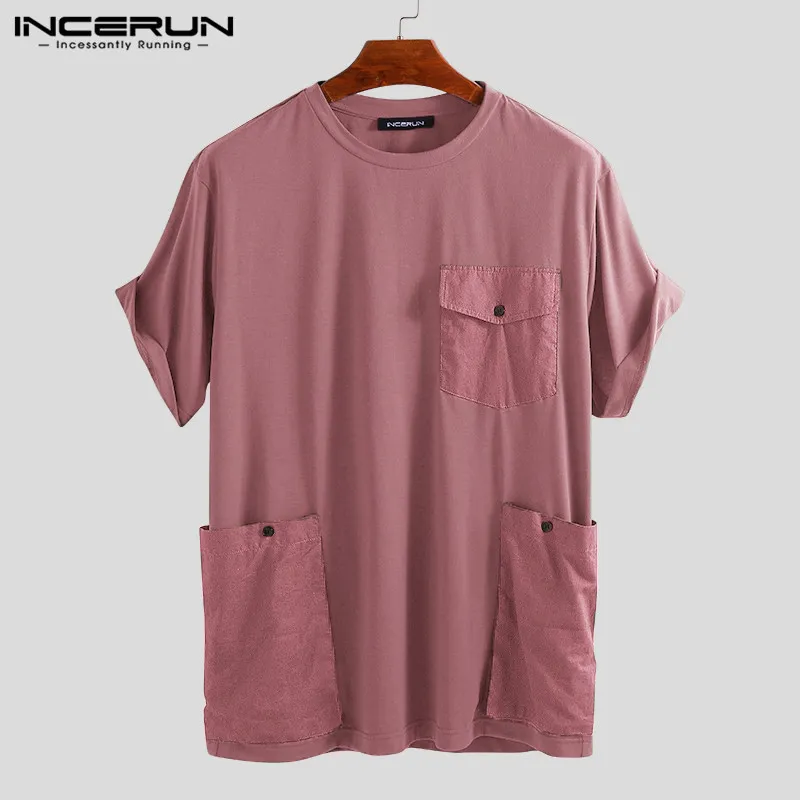 INCERUN Moda Uomo T Shirt Tasche Solid Manica corta Allentato High Street Casual Tees Uomo Coppia Donna Magliette Plus Size 2020 Y204876238