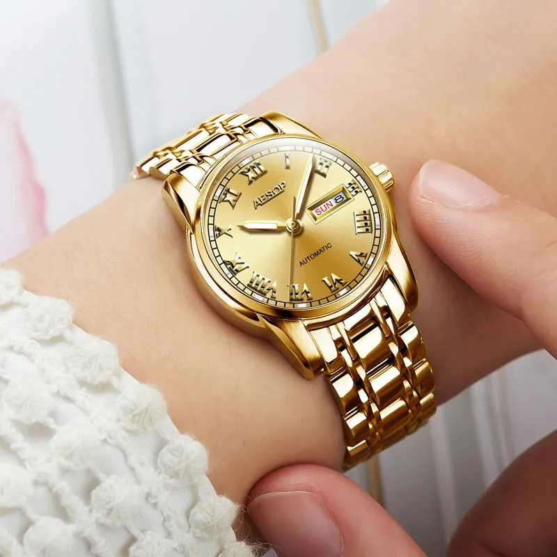 Aesop Gold Luxury Watch Women Japan Bewegung Mechanische Automatikwache Damen Edelstahl Goldene weibliche Uhr Frauen258W