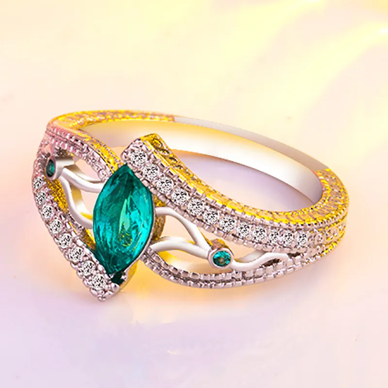 3 färger damer silverfärg legering finger ring akvamarin sten förlovningsring för kvinnliga stenar blå röd grön zirkon smycken2440