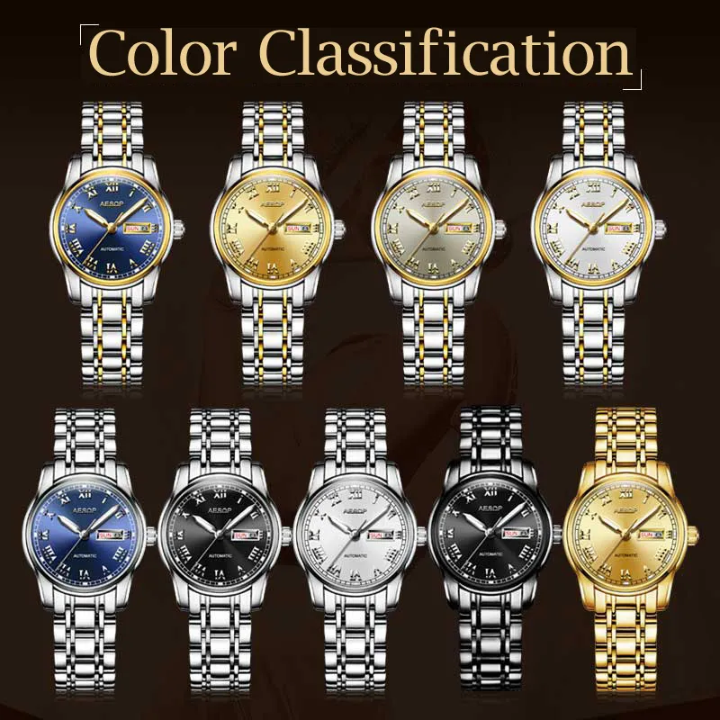 Aesop Gold Luxury Watch Women Japan Ruch Ruch mechaniczny automatyczny zegarek dla panie stal nierdzewna Złota Zegar Women208U
