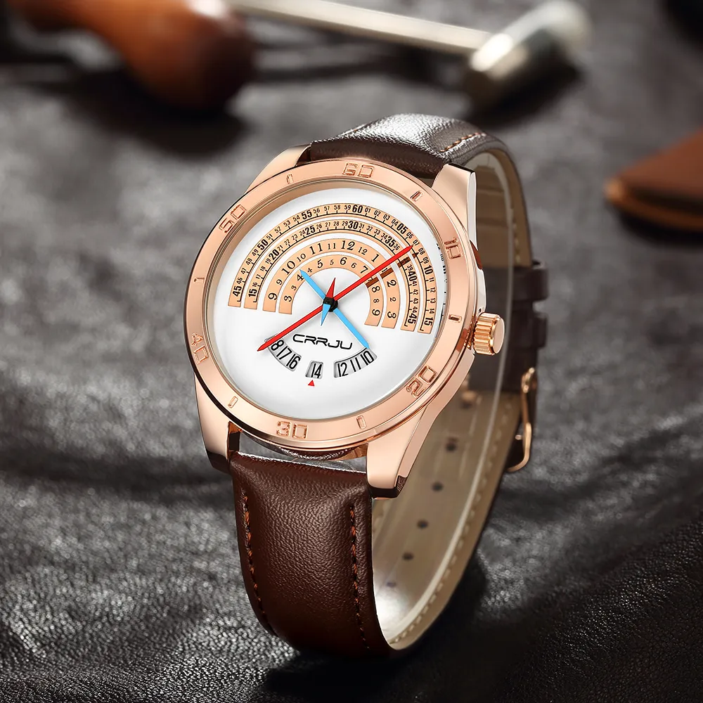 CRRJU hommes de luxe sport en cuir montres mâle drôle calendrier binaire horloge japon mouvement étanche montre-bracelet erkek kol saati237G