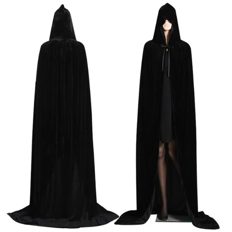 Halloween Witch Cloak Cosplay kostym kvinnor män vuxna festklänning lång svart deguisement prinsprinsessan huva mantlar capes2946