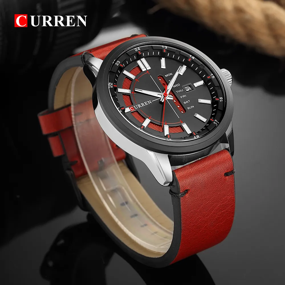Curren Casual Leather Strap Business Wristwatches Classic Black Quartz Men's Watch Display Date and Week Waterproof Male CLOC218Z