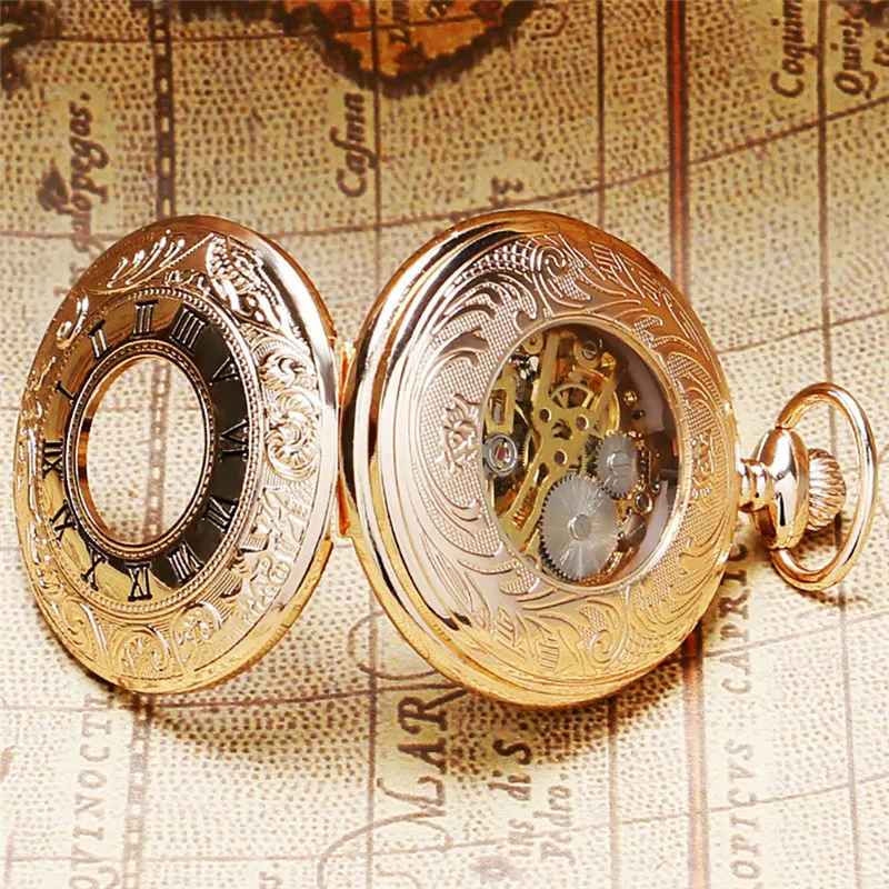 Clássico steampunk rosa ouro cor handwinding relógio de bolso mecânico unisex numerais romanos esqueleto relógio pingente corrente reloj d311e