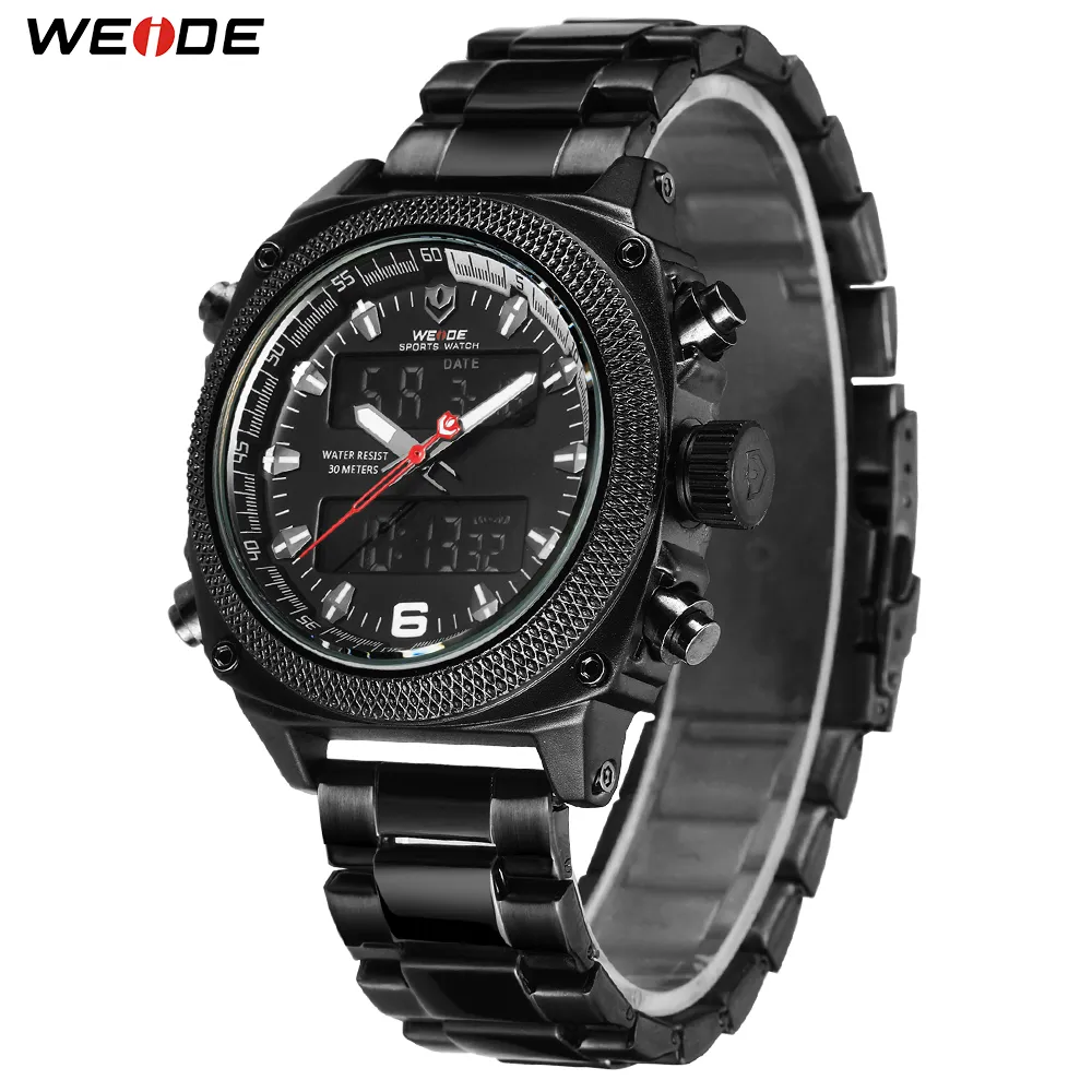 WEIDE Mens Sports Auto Date Week Display Digital Quartz Stainless Steel Band Belt Wristwatch Black Clock Relogio Masculino Hour229L