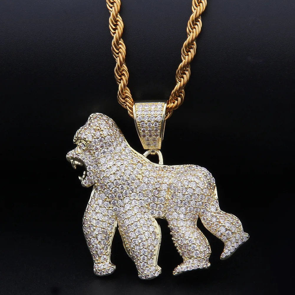 Hip Hop 14K Gold Plated Gorilla Pendant Necklace Iced Out All Zircon Brass Gold Silver Plated Charm Animal Necklace for Men Women1840