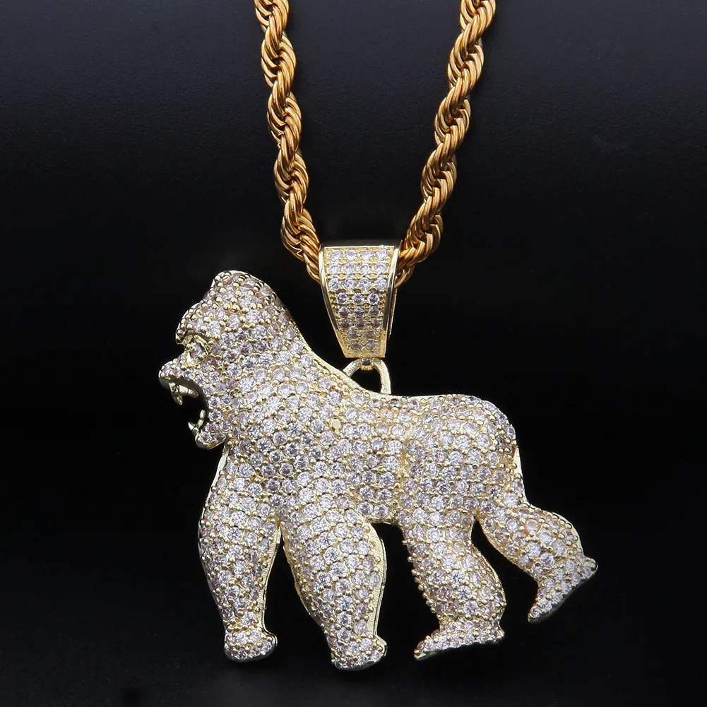 Hiphop 14k guldpläterad gorillahänge halsband isad ut alla zirkon mässing guld silver pläterad charm djurhalsband för män kvinnor1840