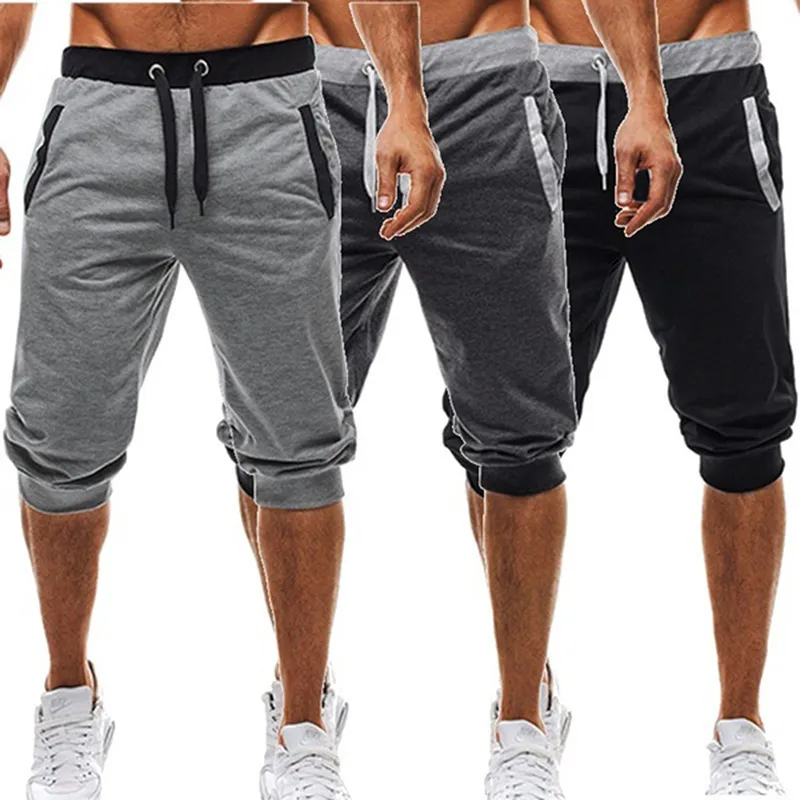 Men's Five-point Pants Fashion Knee Length Casual Patchwork Sweat Pant Slim Fit Fitness Pants Man Capris SH19062701