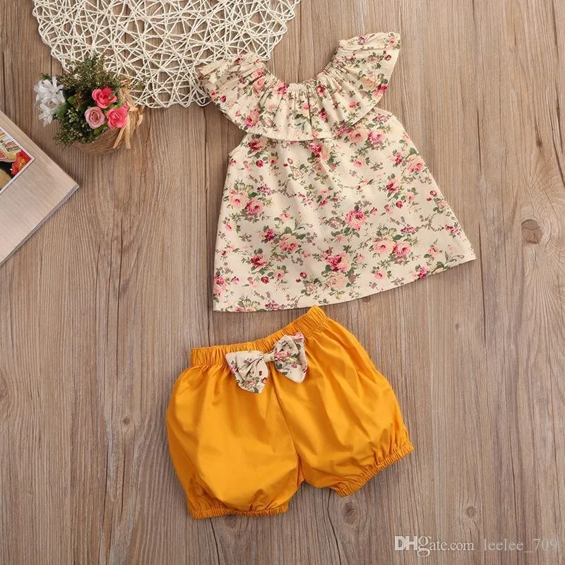 夏の新生児の女の子の服フローラルタンクトップボウノットショーツ衣装bebek giyim幼児の子供服set1184826