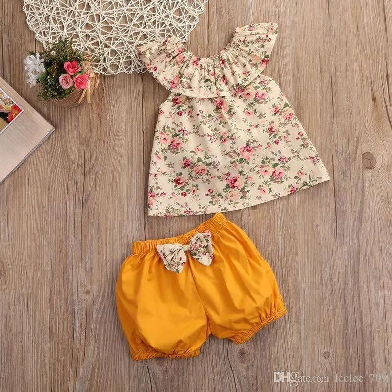 Summer NOUVEAU BROBBOS GIRL AUTOPRE FLORAL TOP BOWKNOT Shorts Tenues Bebek Giyim Toddler Kids Clothing Set5555606