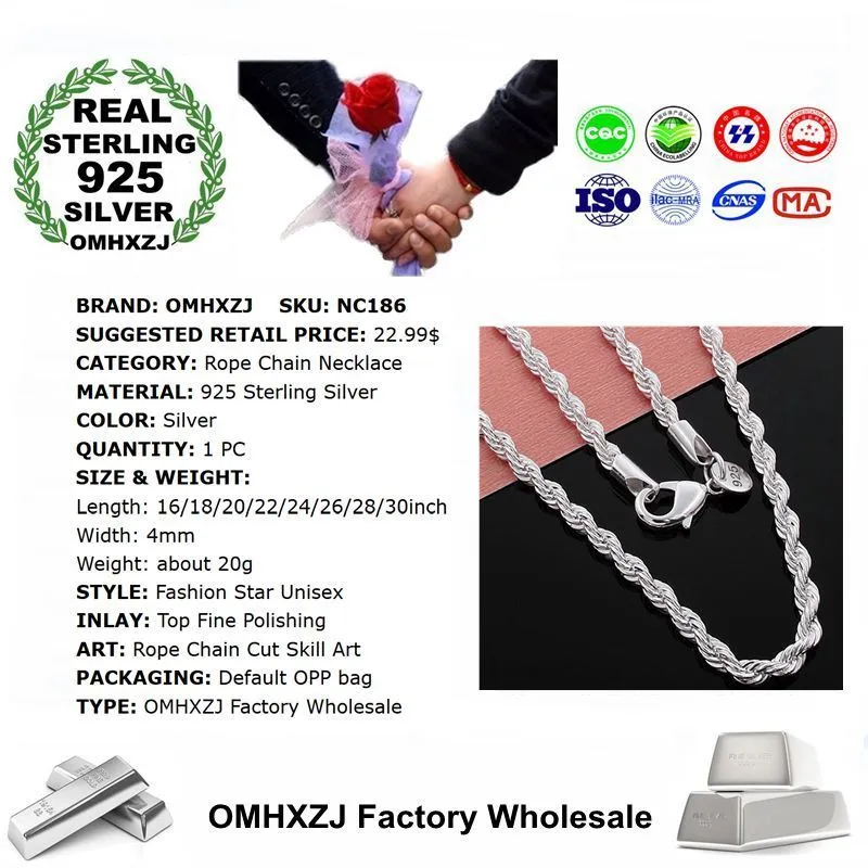 OMHXZJ Hele persoonlijkheidskettingen Mode Unisex Feest Huwelijkscadeau Zilver 4MM Touwketting 925 Sterling Zilveren Ketting NC19657044