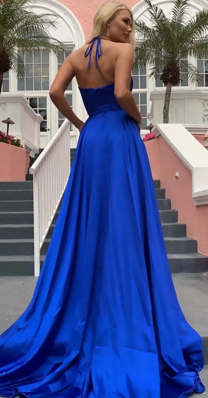 Sexy Spaghetti Deep V Neck Prom Dress Long Halter Royal Blue Satin Open Back High Side Split Formal Party Cheap Evening Gowns