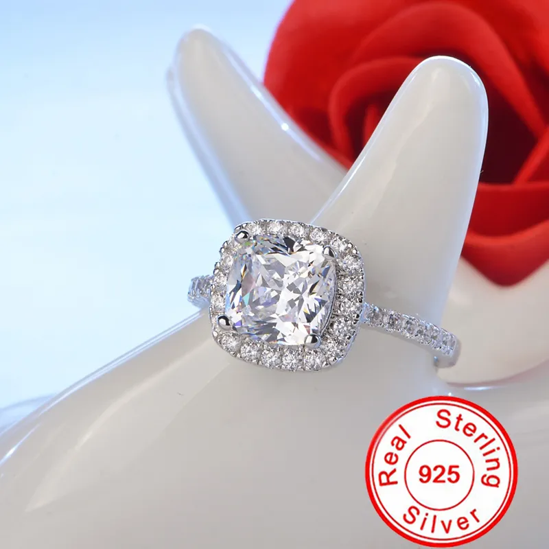 Yhamni skickade certifikat Luxury 10 %% Original 925 Silver 8 8mm 2 karat Square Crystal Zirconia Diamond Wedding Rings for Women277T