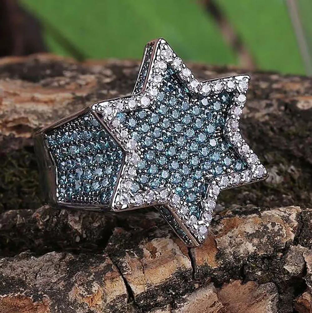 Super Star Ring Groene CZ Bling Ring Micro Pave Zirconia Gesimuleerde Diamanten Hiphop Ringen Maat #7-Size #113170