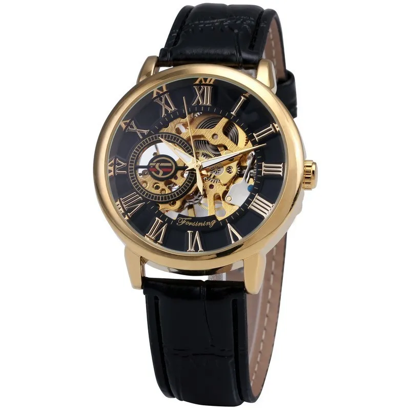 Forsining 3d Дизайн логотипа Полая гравировка Корпус из черного золота Скелет Механические мужские часы Heren Кожаный ремешок Heren Horloge Y19052180e