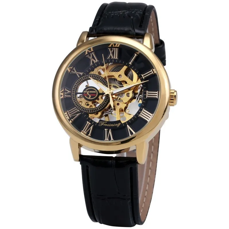 Forsining 3d Logo Design Hollow Engraving Black Gold Case Skeleton Mechanical Men Watches Heren Leather Strap Heren Horloge Y19052267e