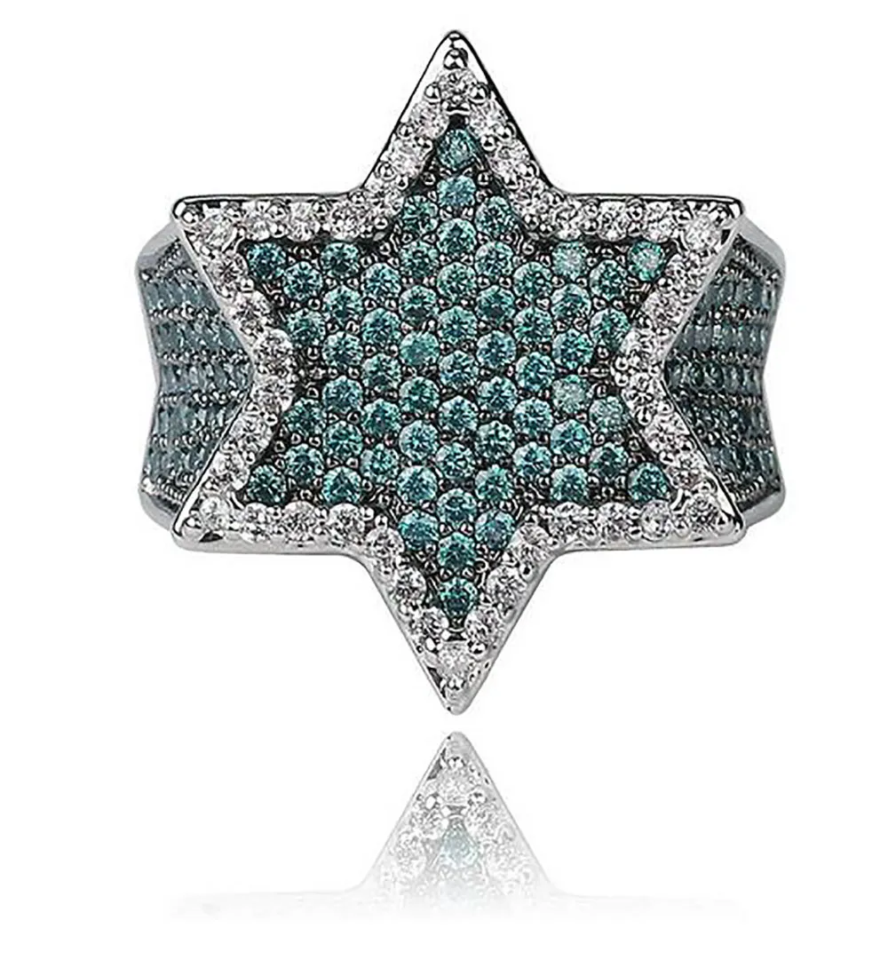 Super Star Ring Groene CZ Bling Ring Micro Pave Zirconia Gesimuleerde Diamanten Hiphop Ringen Maat #7-Size #113170