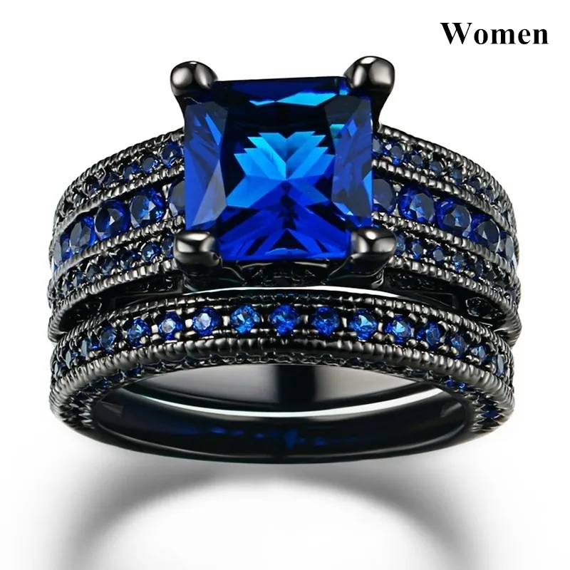 Paar sieraden - heren 8 mm breedte blauwe lijn streep wolfraam carbide ring dames 14kt zwart goud gevulde natuurlijke saffier 289W