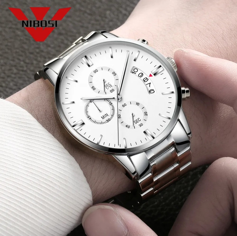 Relogio nibosi Luxury有名なトップブランド男性Sliver White Whristwatch Waterproof Clock Quartz watch for men relogio masculino2964