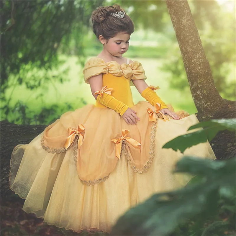 Nova Belle Meninas Vestido Amarelo Princesa Cosplay Traje Festa de Aniversário 2018 Vestidos de Casamento de Verão Crianças Vestido Roupas J1906159931721