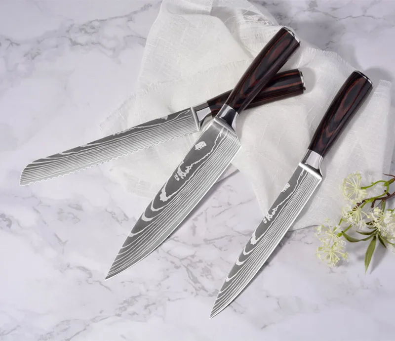 Set di coltelli da cuoco Professione Coltelli da cucina giapponesi Laser Damasco Modello Sharp Santoku Mannaia Affettare Utility Coltelli disossare Utensili da cucina