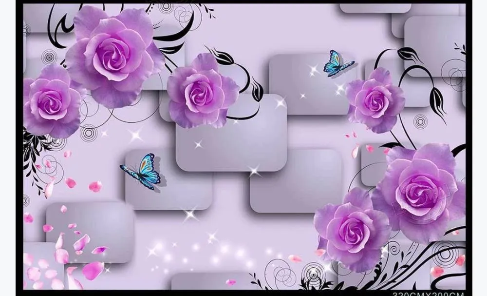 Aangepaste 3D Mural Wallpaper Po Wall Paper Purple Rose Bloemblaadjes vallen driedimensionale vierkante mode 3D TV-bank achtergrond W265Y