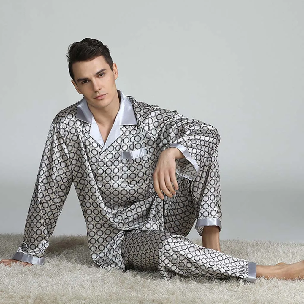 2019 Silk Men Pyjama sätter sömn Solid Satin Sleepwear Men Summer Suit Full Sleeve Silk Pyjama Men Pyjamas Male#G2 V191216278Q