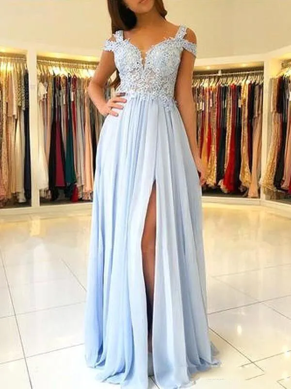 Light Sky Blue Off The Shoulder A-Line Bridesmaid Dress Lace Applique Side Split Maid Of Honor Dress Cheap Formal Women Evening Go315O