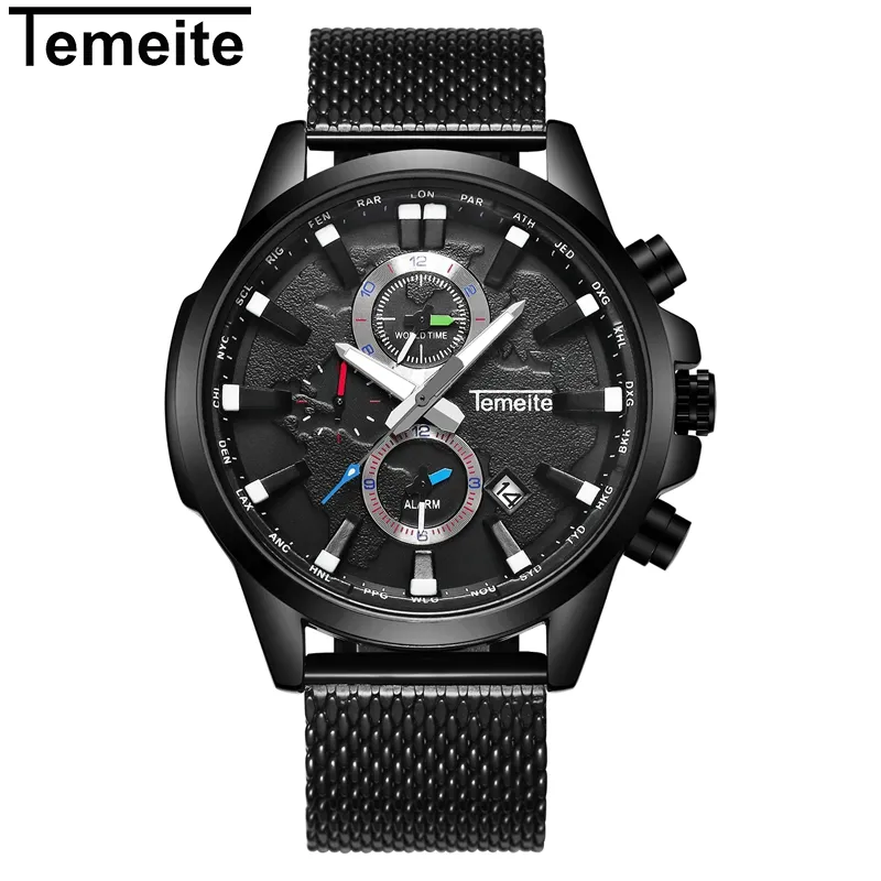 Temeite New Original Men's Watches Top Brand Sport Business Watch Men Clock Date Mesh Strap Wristwatches Male Relogio3188