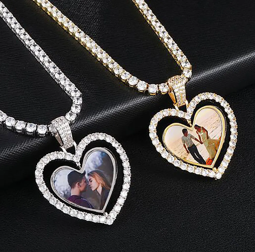 Pendentif Po en forme de cœur d'amour rotatif pour hommes et femmes, sur mesure, Double face, photos, collier, cadeaux en Zircon, 215y