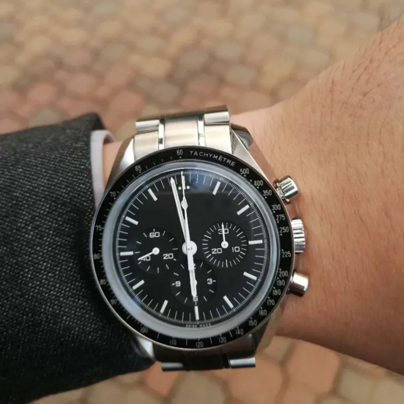 42mm automatische schwarze Gesicht voller Edelstahl Herren Mond Armbanduhr professionelle Geschwindigkeit männliche Watch2627