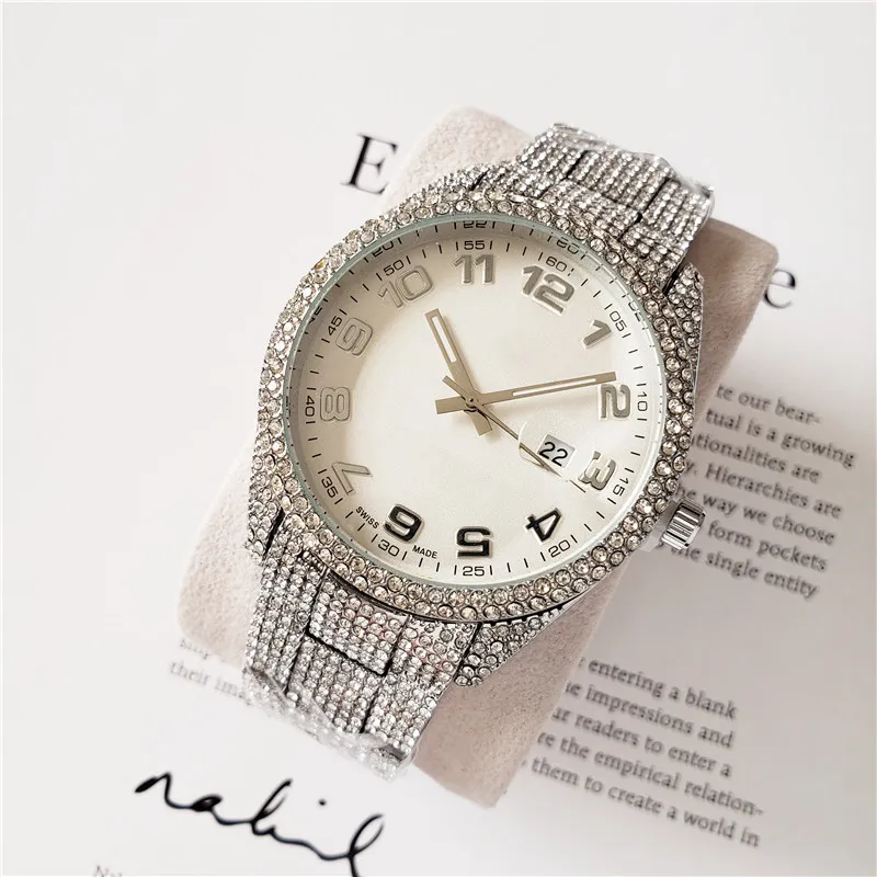 Хорошее качество, модные брендовые часы, мужские полностью кристаллические стильные ремешки из нержавеющей стали, календарь, дата, кварцевые наручные часы X86324j