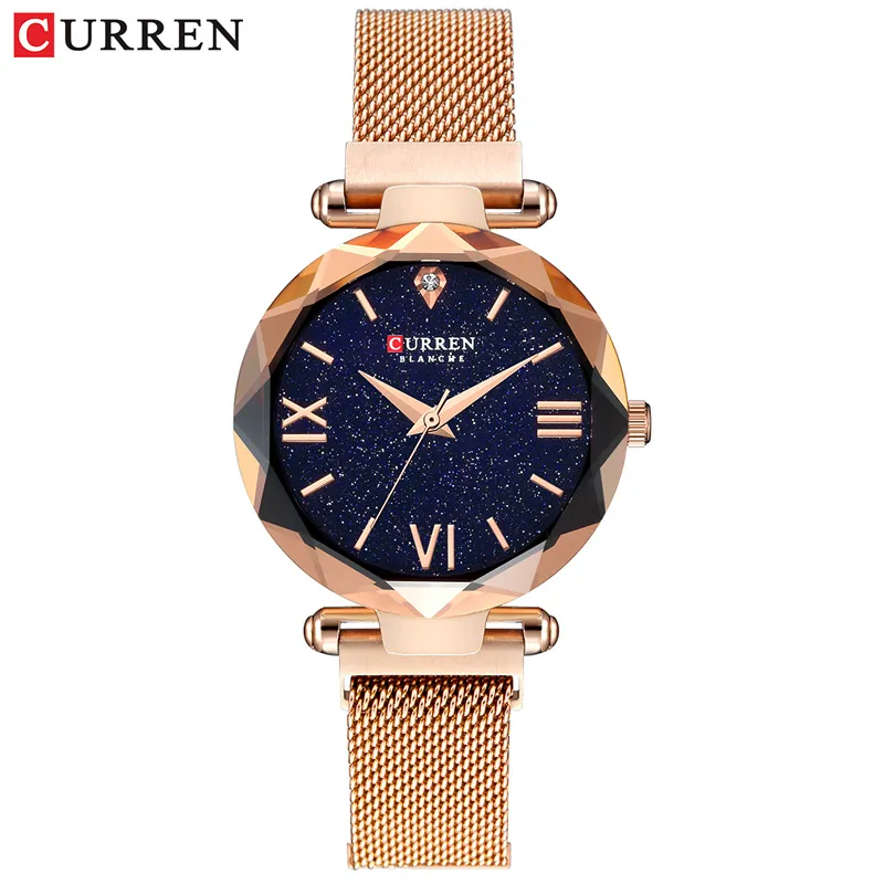 NOUVEAU Curren Luxury Femmes Regardez Mesh dames Morloge aimant Buckle Starry Diamond Geometric Surface Casual Robe Quartz Quartz Wristwatch2757