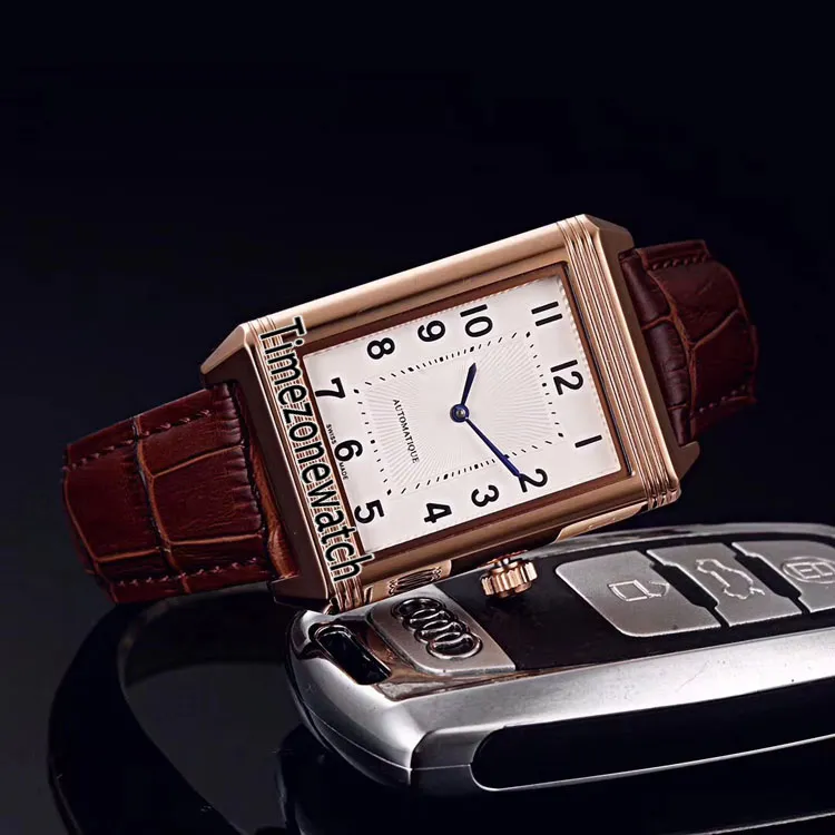 Nieuwe Reverso Classic Medium Thin 2548520 Miyota 8215 Automatisch herenhorloge Stalen kast Witte wijzerplaat Zwart lederen band Timezonewatch E253K