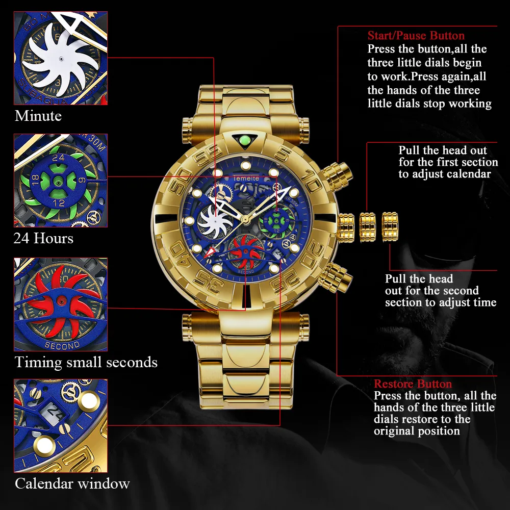 Temeite orologi uomini affari casual golden creative hollow quartz orologio impermeabile orologio da polso militare cronografo maschio clock208r
