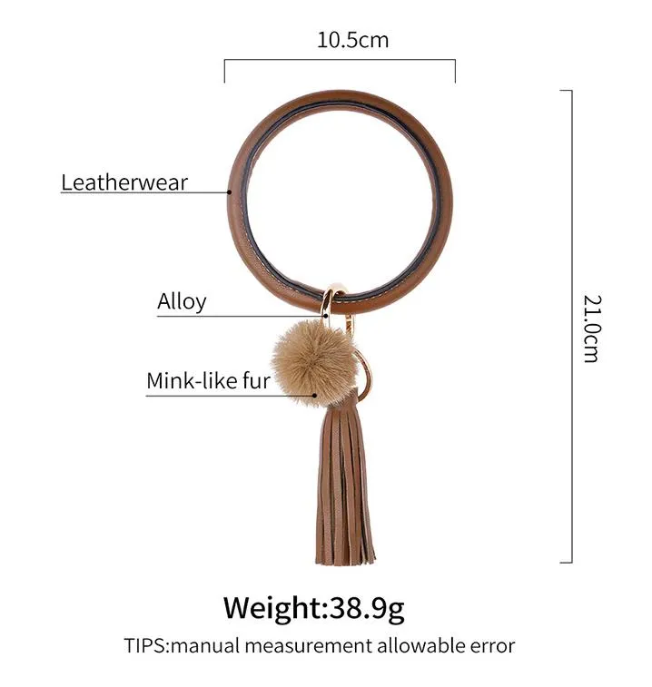 2020 Nieuwe Pu Lederen Armband Sleutelhangers Cirkel Leuke Effen Kleur Bont Pompom Kwastje Polsbandje Sleutelhanger Voor Vrouwen Meisjes Jewellery234E