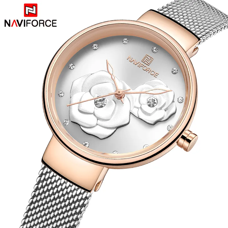 Reloj de mujer NAVIFORCE, marca de lujo, malla de acero, relojes impermeables para mujer, reloj de pulsera de cuarzo con flores para mujer, reloj de chica encantadora 268L