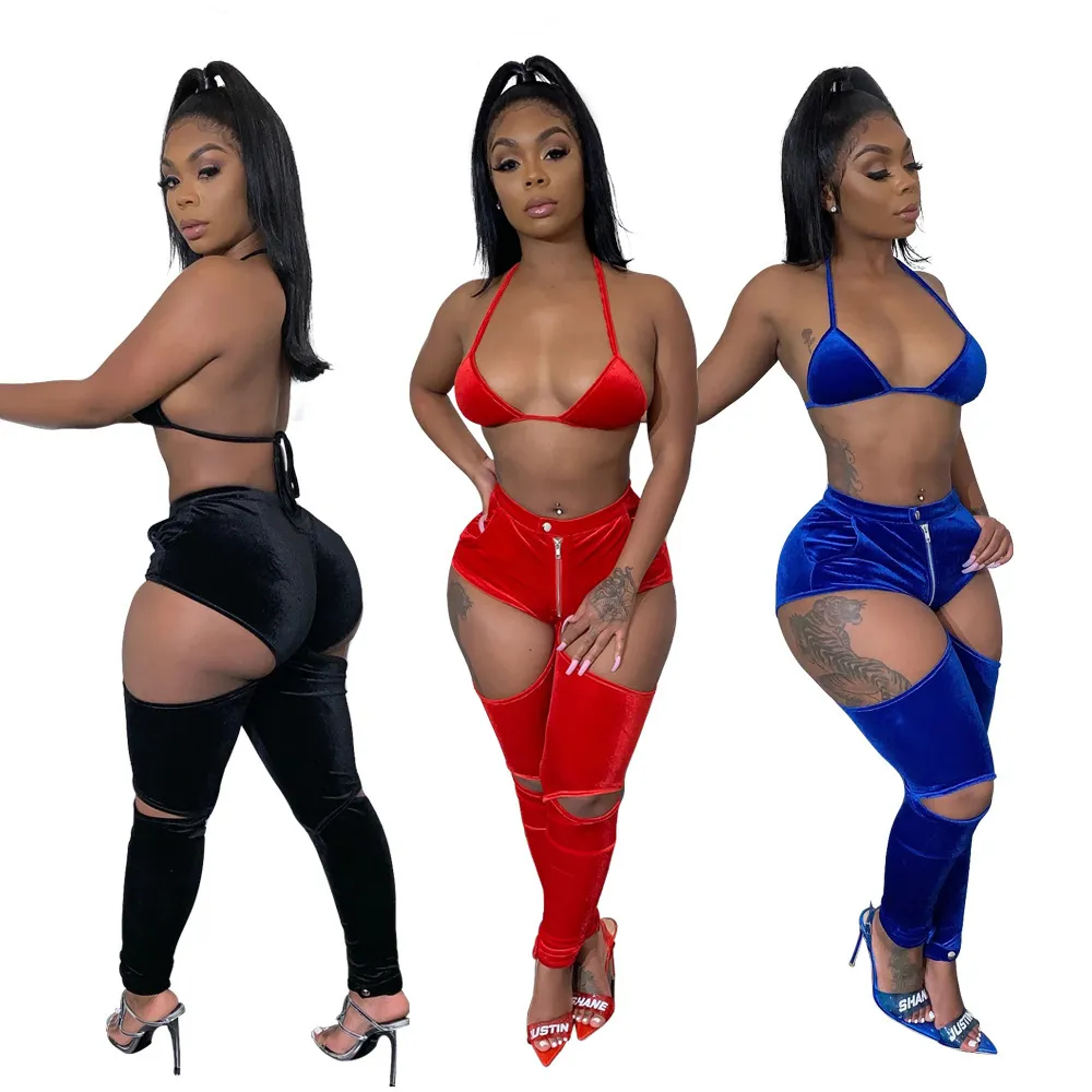 HAOYUAN Sexy Velvet Two Piece Set Women Rave Festival Crop Bra Top Pant Suit Velour Matching Sets Birthday Club Outfits T200623