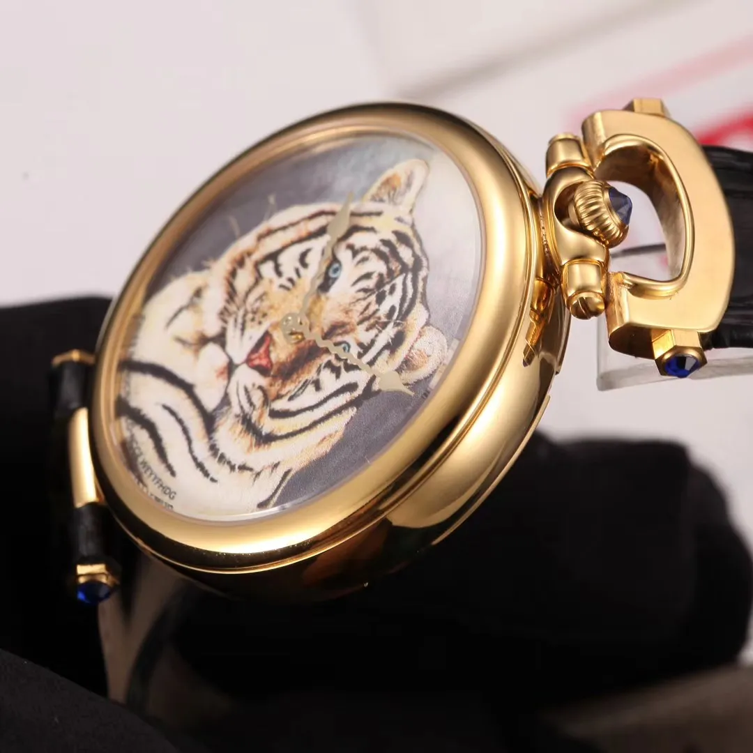 Nieuwe Bovet Fleurier Amadeo 46 mm Zwitsers quartz herenhorloge 18K geelgouden tijger tattoo geschilderde wijzerplaat lederen band horloges Timezonewat278w