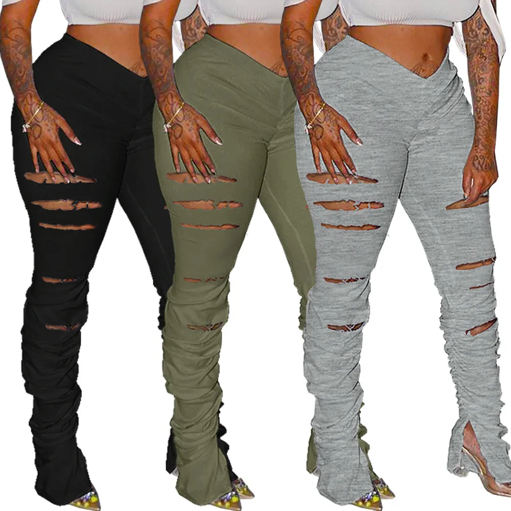 ANJAMANOR Hole Ripped Pleated Split Stacked Leggings Sexy Ruched High Waist Pencil Pants Women Clothes Gray Sweatpants D74-AD43 T200422